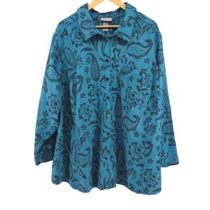 Catherines 4X Teal Paisley Faux Suede‎ Button Up Shirt Jacket Shacket Sz 30/32